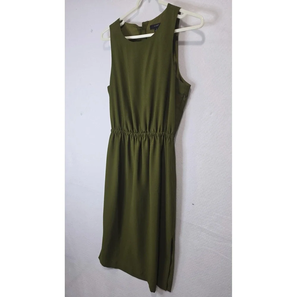 J.Crew Olive Green Sleeveless Elastic Waist Midi Dress with Back Buttons Size 2
